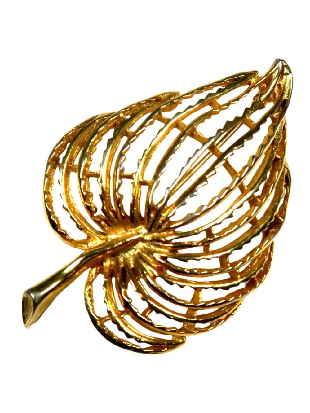 Mid-Century Gold Tone Leaf Brooch Vintage Wearable Art Statement Pin